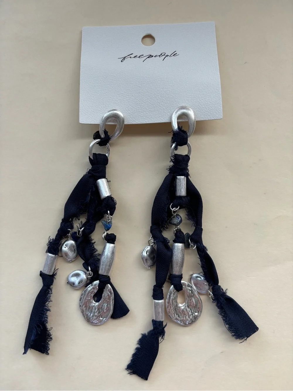 Free People Bohemian Navy Fabric & Silver Charm Drop Earrings, NWT - Picture 2 of 3